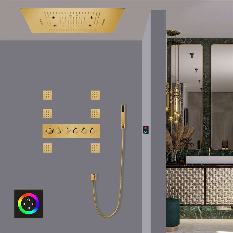 Thermostatic LED Shower System with Rainfall Waterfall Mist and Recessed Ceiling Panel