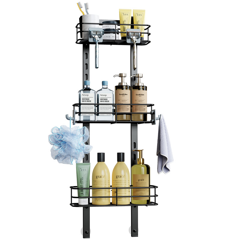 Serviteur de douche à suspendre à 3 niveaux avec 4 crochets, support de tablette de rangement réglable en hauteur sans perceuse