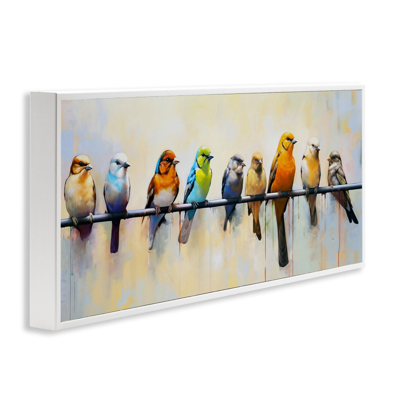 Colorful Birds on Branch Abstract Canvas Print with White Frame