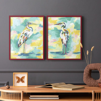 Bright Heron Fresco III - reproduction encadrée de qualité supérieure - prête à être accrochée - aucun clou requis - aucun clou requis