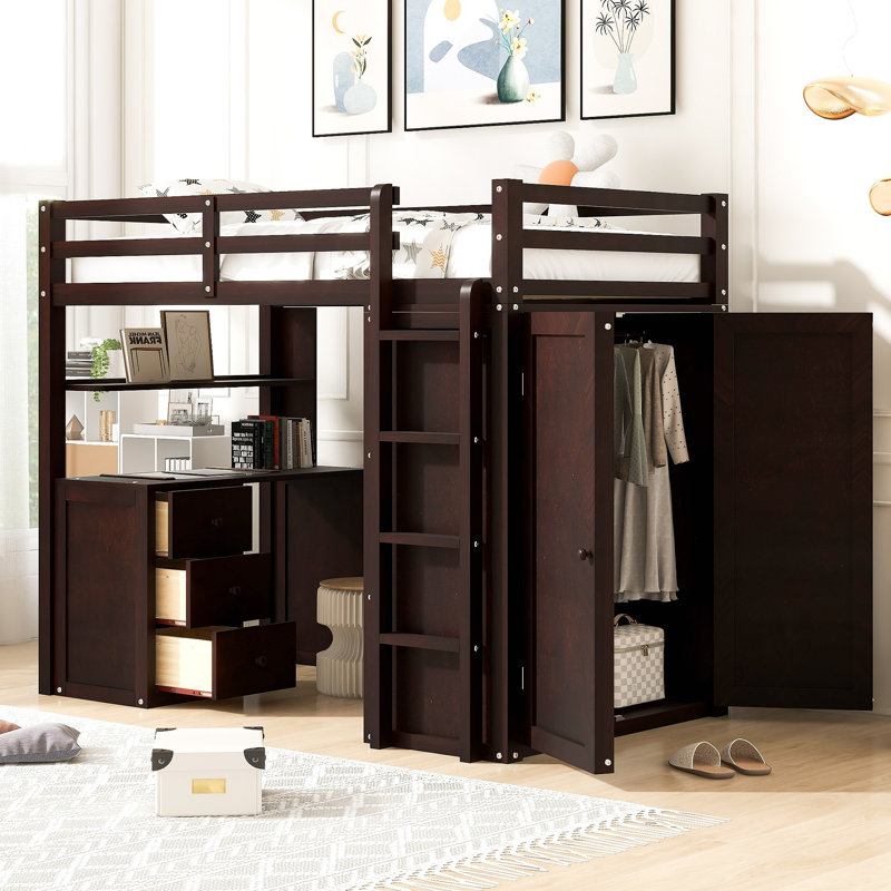 Lit mezzanine avec tiroirs, bureau et garde-robe, Espresso