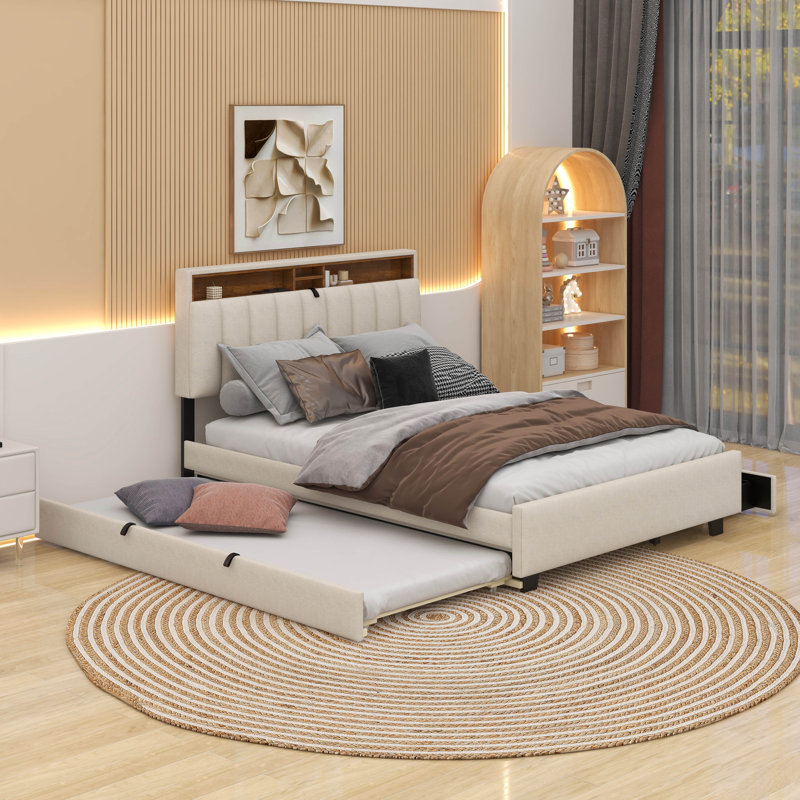 Lit plateforme tapissier double avec tête de lit, gigogne simple et 2 tiroirs, Beige
