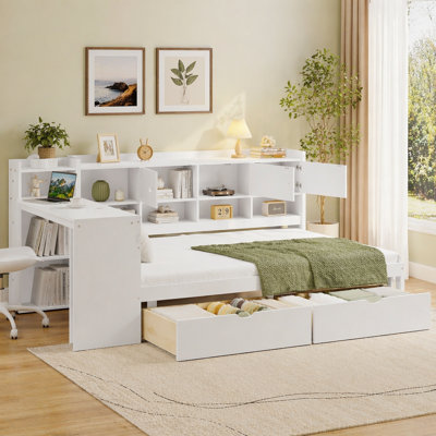 Wooden L-Shape Daybed with Seven Storage Cabinets and Two Drawers, Multi-functional Bed with Study Desk and Bookshelf, White