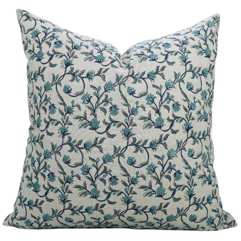 Coussin décoratif à motif floral Boho Fabividine, pur coton, (Pushp Varsha, bleu), H 20 po x l 20 po