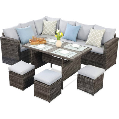 Ensemble de salle à manger 7 pièces, canapé modulaire d'extérieur avec repose-pieds et table de salle à manger