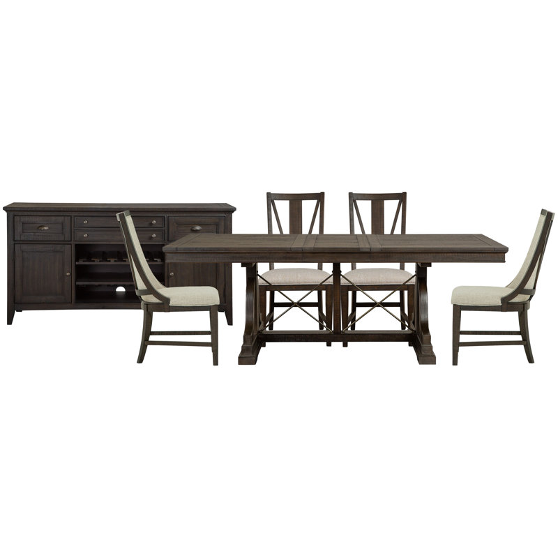 Extendable Trestle Dining Table With 2 Side Chairs 2 Host Chairs And Buffet, 6 Pieces: Table, Buffet, 4 Chairs