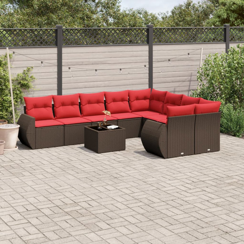 Ensemble de canapé de patio 10 pièces avec coussins en rotin de polyester, Rouge, Brun