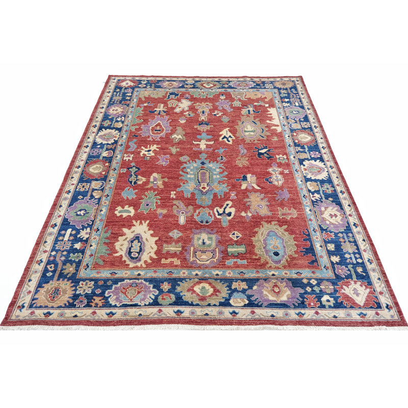 Hand Knotted Wool Area Rug in Red And Navy