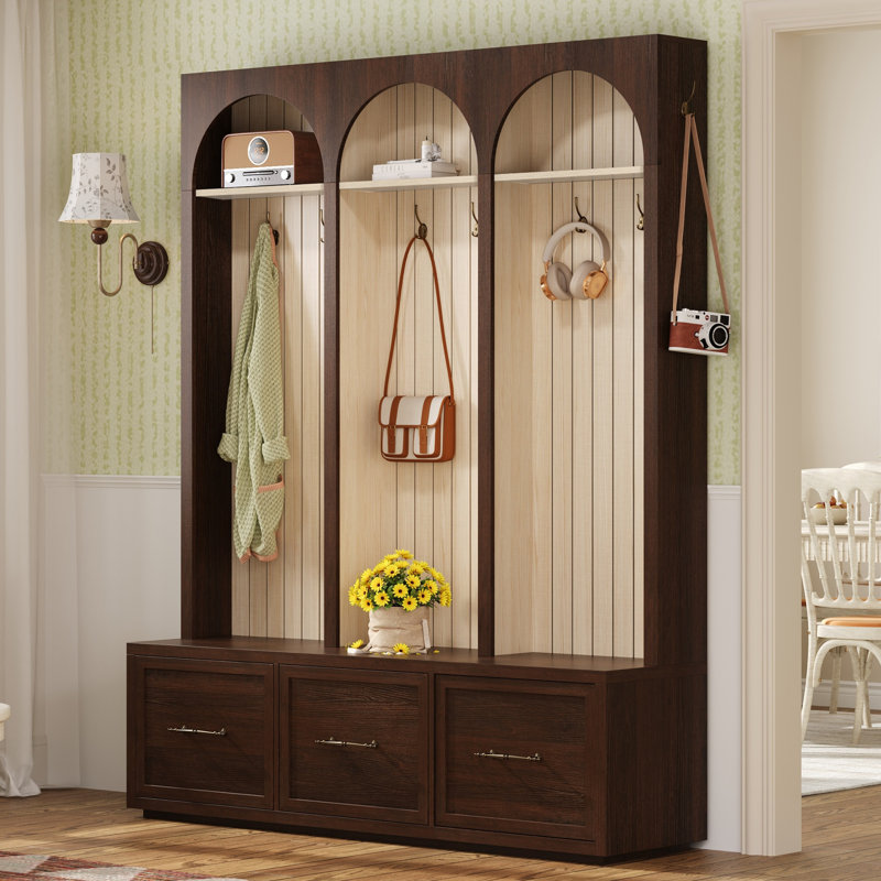 Hall Tree 59.02" Wide With Bench And Storage, Dark Walnut