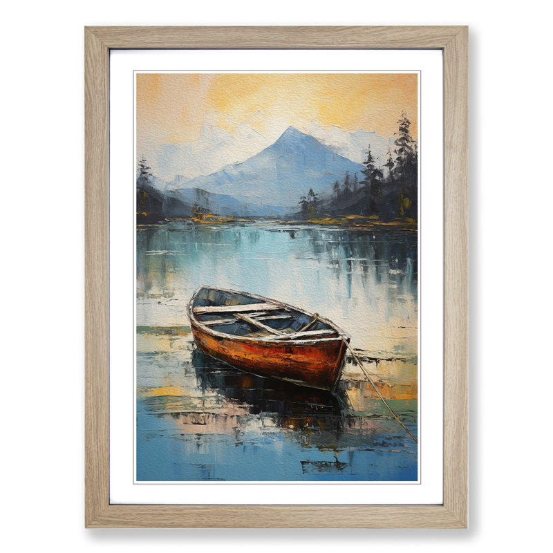 Boat on a Lake Gestural Art - Framed Print, 46cm H x 34cm W x 2cm D, Oak Framed