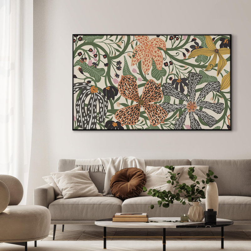 Vibrant Colorful Floral Botanical Pattern Art Illustrations Extra Large Framed Wall Art Print Decor (Frame Assembly Required)