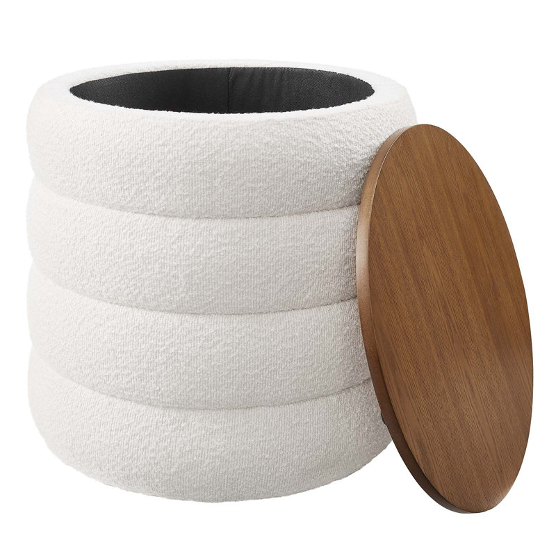 Cloud Boucle Fabric Round Storage Ottoman with Wood Grain Veneer Lid