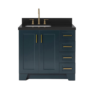 Meuble-lavabo double Freitas 36 po en bois massif bleu nuit avec comptoir en quartz noir carbone de 1,5 po, décalé à gauche, lavabo rectangulaire