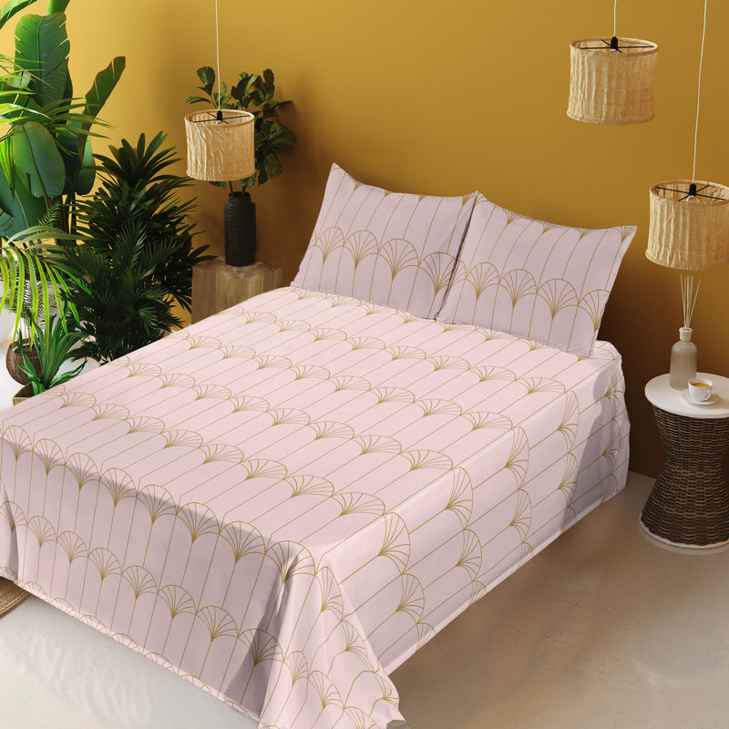 Microfiber Sheet Set, Full Sheet Set with 2 Pillowcases, Light Blush/Sand Brown Geometric