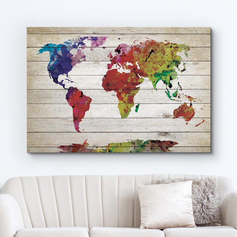 «World Map», très grande aquarelle, effet de bois coloré, impression sur toile, H 16 po x l 24 po x P 1,5 po