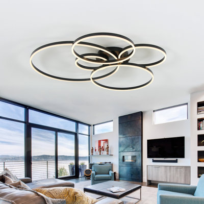 Jadiamond 6-Light 47.2 inch Modern Flush Mount Black Large Circle Ceiling Fixture with Remote Control