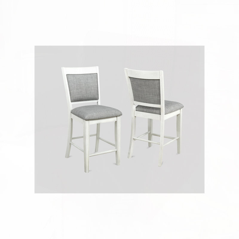 Linen Upholstered Bar Stools Set with Back,Wood Legs, White