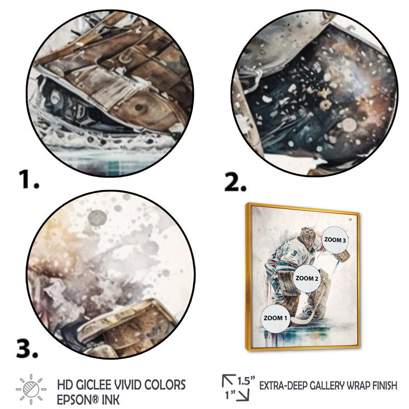 Hockey Gardien pendant le jeu VI - Peinture sur toile, H 40 po x l 30 po x P 1,5 po, Cadre flottant doré
