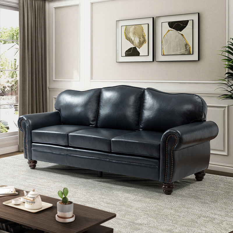 Damore 81'' Wide Genuine Leather Sofa, Navy