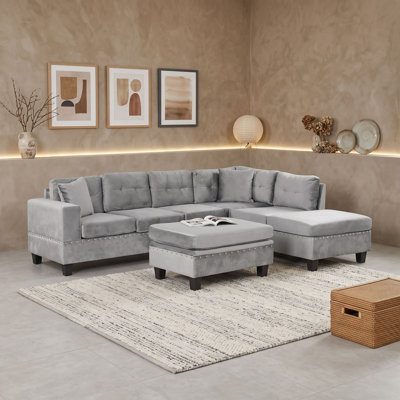 Velvet 6-Seat L-Shaped Sectional Sofa with Reversible Chaise, Storage Ottoman, Cup Holders and Two Pillows for Living Room