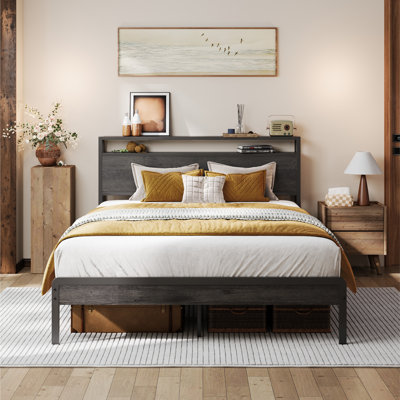 Full Bed Frame with Headboard, Dark Wood Finish, Strong Metal Supports, Sturdy, Noise-Free, No Box Spring Needed