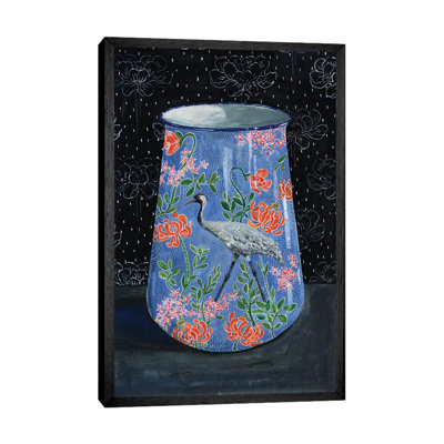 Blue Vase With Grey Crane by Miri Eshet - Painting on Canvas