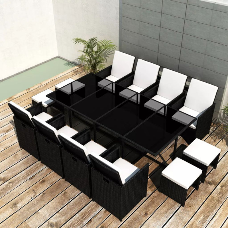 Roselli Rectangular 12 - Person Dining Set with Cushions, Black