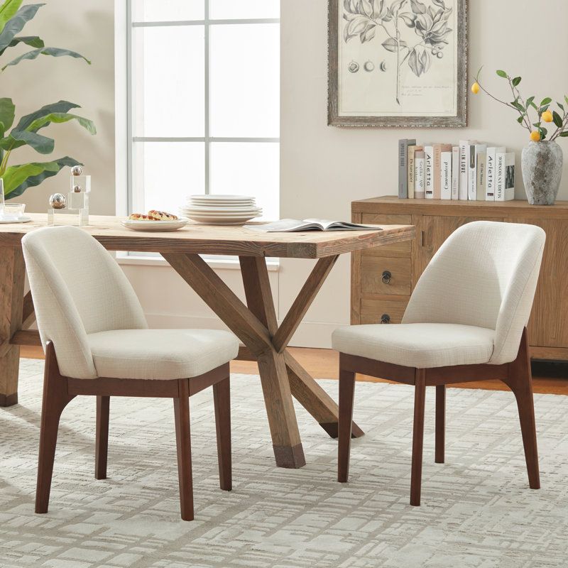 Bason 19.5" High Polyester Upholstered Dining Chairs with Solid Wood Legs, Beige