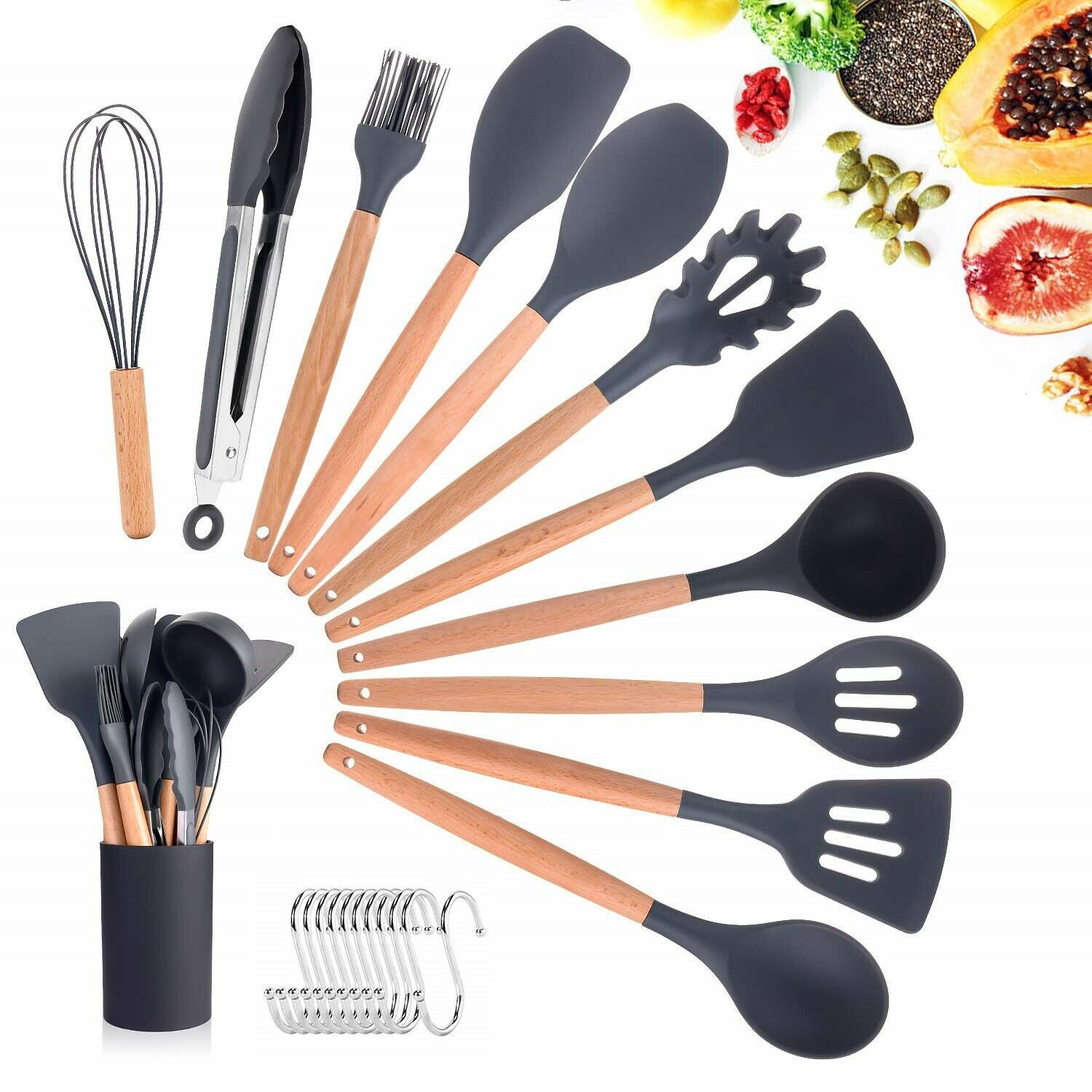 GreenPan 5 Piece Cooking Utensil Set, Flexible Nonstick Silicone, Stain-free, Tongs, Turner, Spatula, Skimmer, and Slotted Spoon, Black
