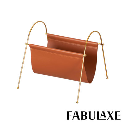 Fabulaxe 12-in Gold-tone Metal Frame With Brown Leatherette Sling Magazine Holder For Living Rooms, Home Offices, And Waiting Areas - For Office Desk by Fabulaxe