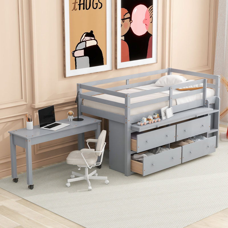 Higinia Kids Loft Bed with Drawers, Twin, Gray