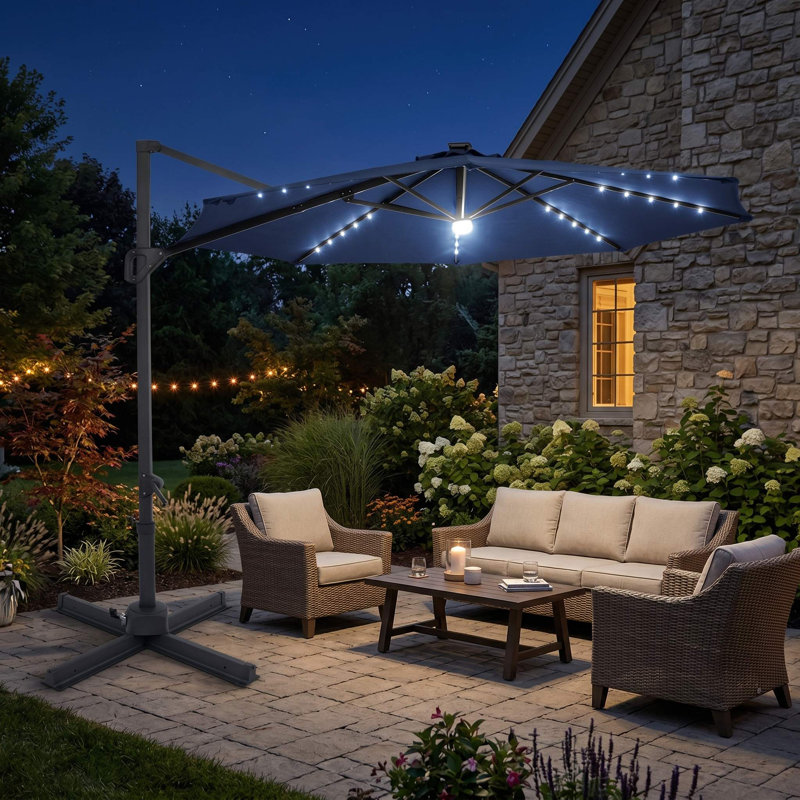 Parasol de patio en porte-à-faux décalé de 10 pi, lumières à DEL solaires économes en énergie et mécanisme de rotation à 360 °, cadre imperméable UV50 + résistant à la décoloration et cadre antirouille