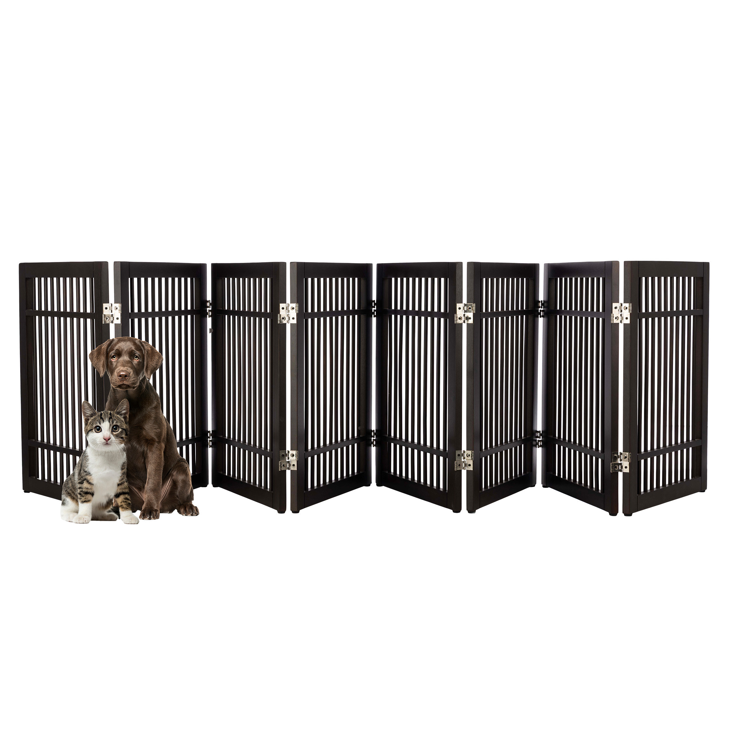 Petmaker Freestanding Dog Gate - 8-Panel Foldable Indoor Pet Fence -  146x24-Inch Extra Wide Wood Dog Gate for Stairs, Hallways or Doorways by  PETMAKER (Brown) | Wayfair, image size:2400x2400