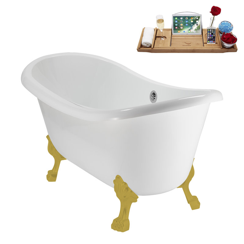 59" Streamline Clawfoot Tub,Tray,Drain, Clawfeet, Brushed Gold, Polished Chrome