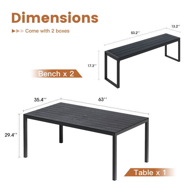 Ensemble de salle à manger 3 pièces pour patio avec table rectangulaire 63 "et 2 bancs en faux bois , Noir, noir, noir, noir