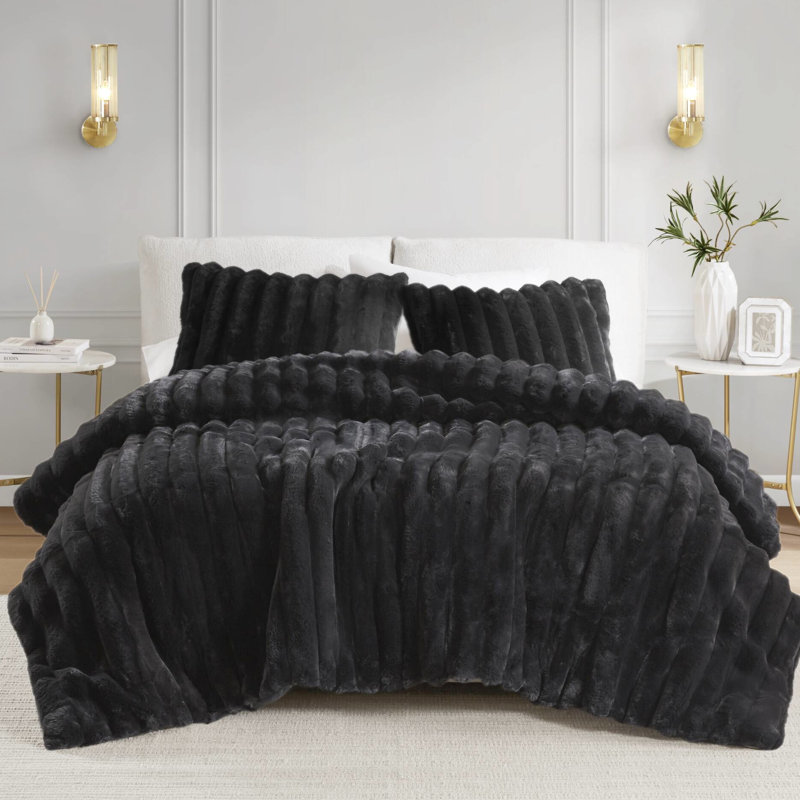 Très grand lit, 3 pièces, fausse fourrure, édredon, noir, moelleux à nervures texturées, envers, lavable à la machine, très grand nettoyage, velours de cristal, entretien facile