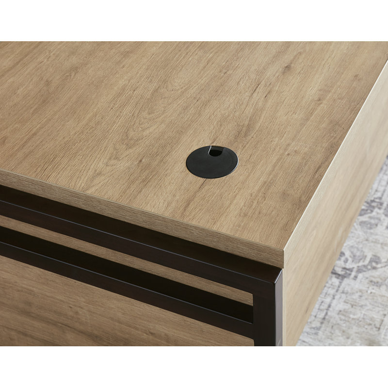 Aukse Executive Desk with Power Outlet, 31" H x 66'' W x 30" D, Light Brown/Black