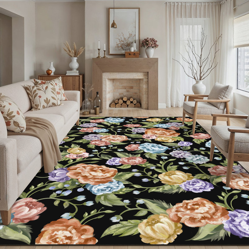 Liam Modern Floral Black Area Rug, Rectangle 8'6" x 11'6"