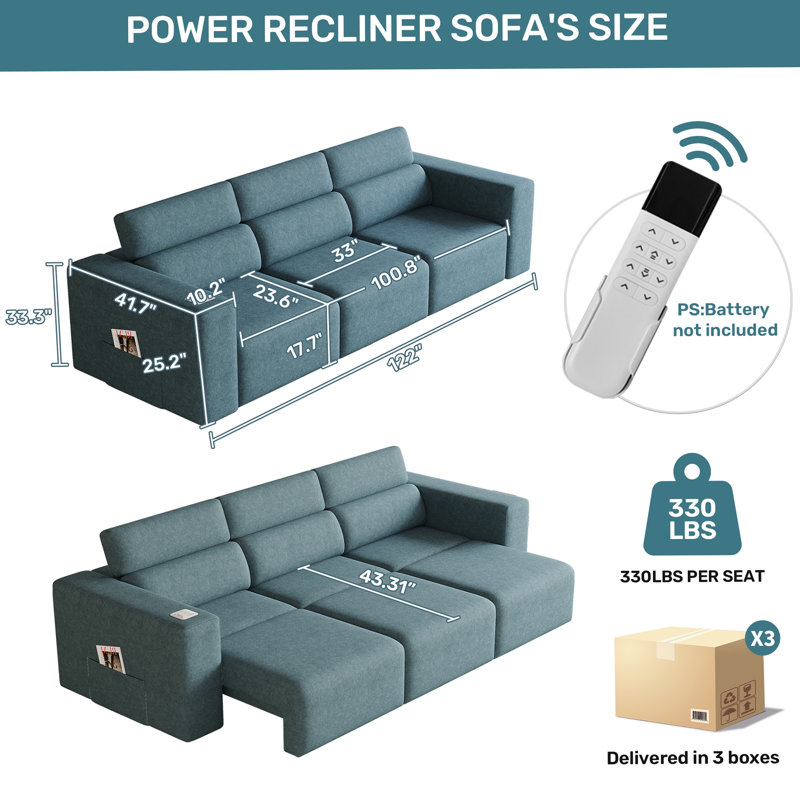 Canapé inclinable électrique, canapé modulaire inclinable électrique 3 places avec stéréo Bluetooth, recharge sans fil