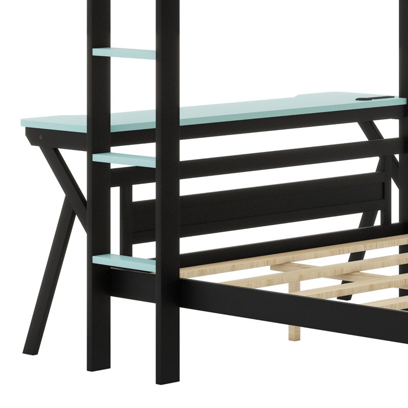 Multi-Functional Gaming Bunk Bed Built-In Dual Desk, USB Ports And Pegboard Storage, Cloud Blue