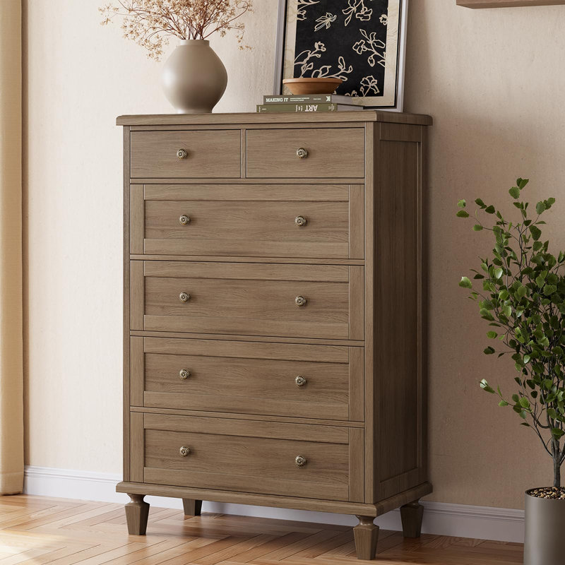 Commode haute 47 po pour chambre à coucher, commode 6 tiroirs rétro avec poignées sculptées et pieds fuselés, commodes en bois avec rangement de grande capacité