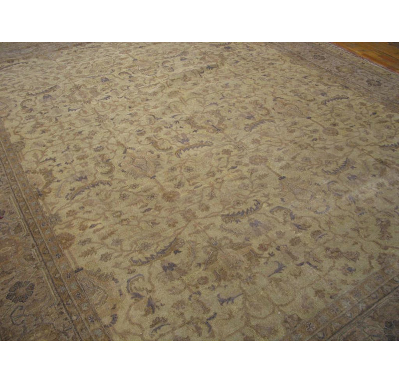 1930s Beige Floral Antique Indian Rug 11' 9" x 14' 10" Handknotted Wool Carpet