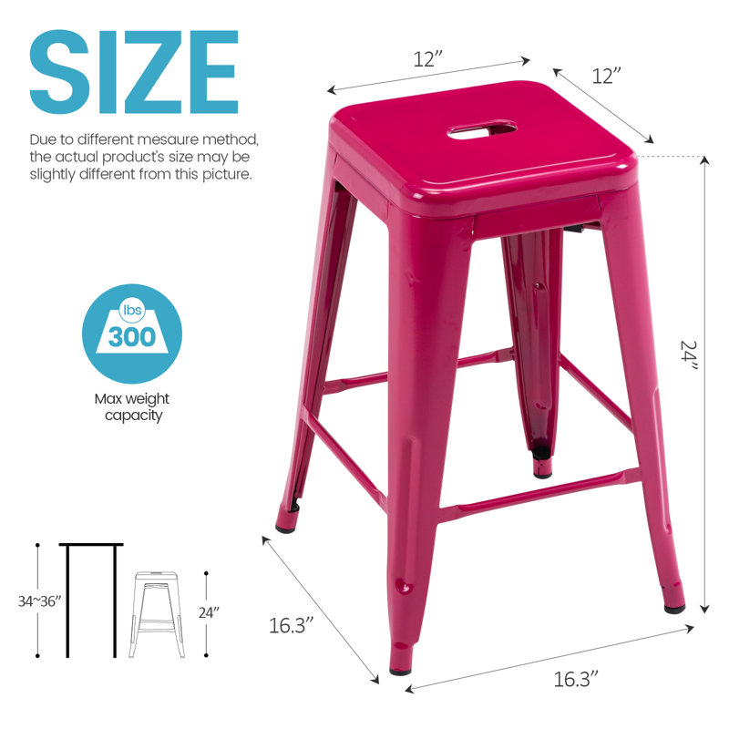 Almodovar 24" 24 Inch Metal Bar Stools, Backless Counter Height Barstools, Stackable Stools with Square, Fuchsia