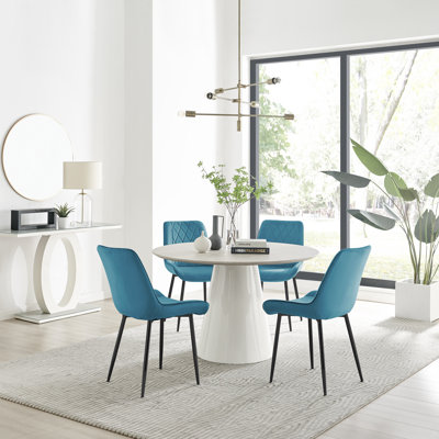 Edzard Statement 4 Person Round Dining Table Set in Luxury Stone Effect - Velvet Dining Chairs