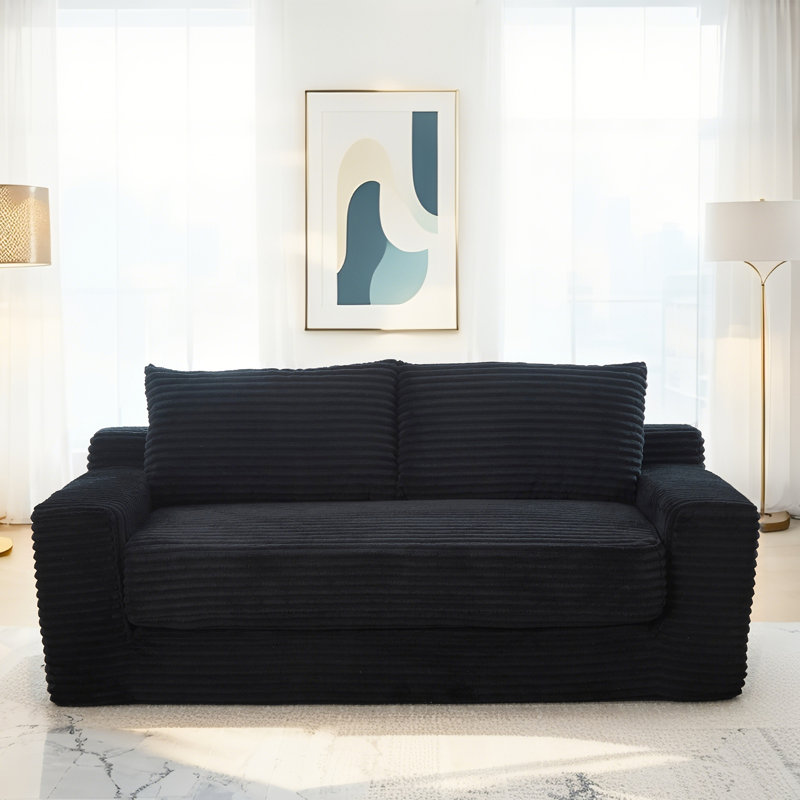 Canapé-causeuse avec mousse à mémoire de forme et structure en acier - sans assemblage, conception convertible 2-en-1, tissu en velours côtelé - canapé compact pour les petits espaces, les appartements, le bureau à domicile et la chambre à coucher (noir)