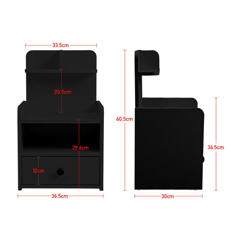 36.5cm W MDF Wood, Metal Bedside Table, Black