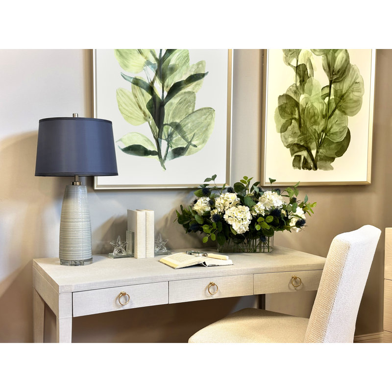 Hydrangea and Thistle Floral Arrangement in a Rectangular Glass Vase