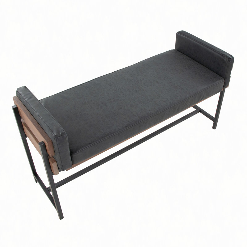 Banc de 18 po avec bois en métal noir et similicuir, Naturel/noir