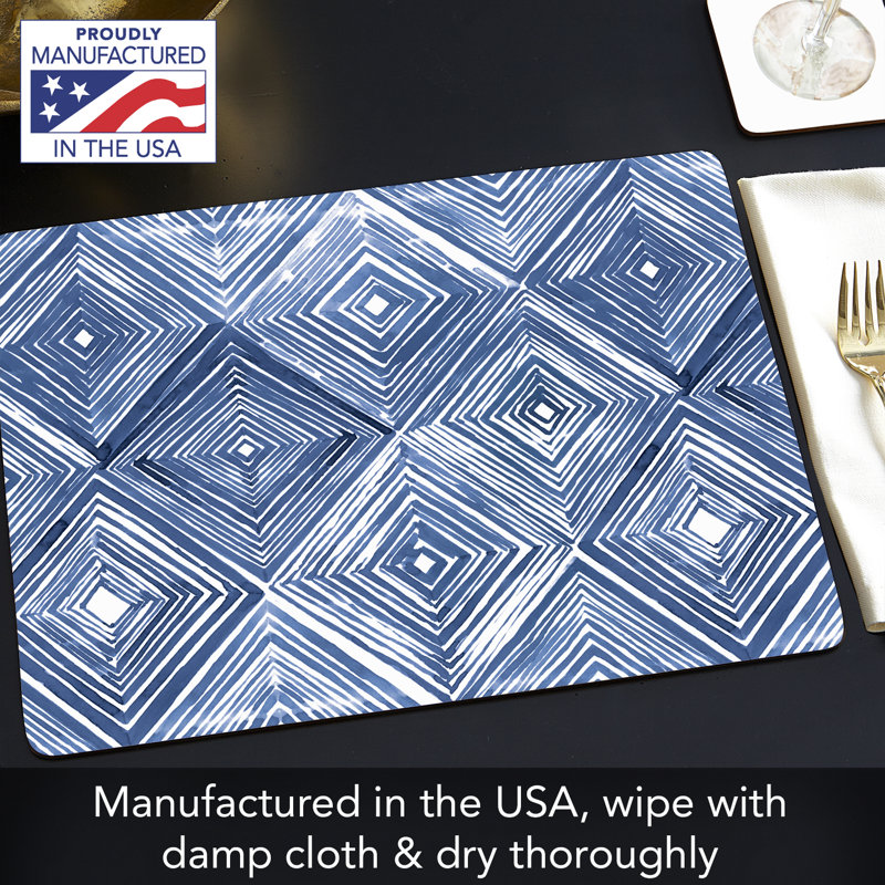 Blue and White Geometric Hardboard Placemats with Cork Backing, Set of 4