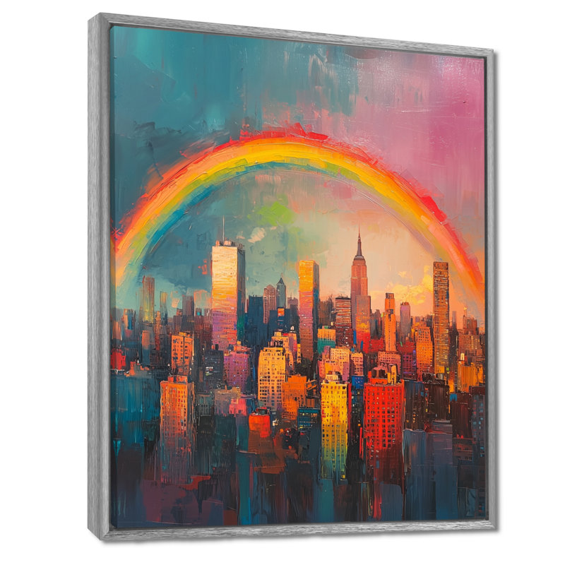 Arc-en-ciel au-dessus de la ville de Newyork II - art mural arc-en-ciel, Argent argent, Reproduction avec cadre flottant